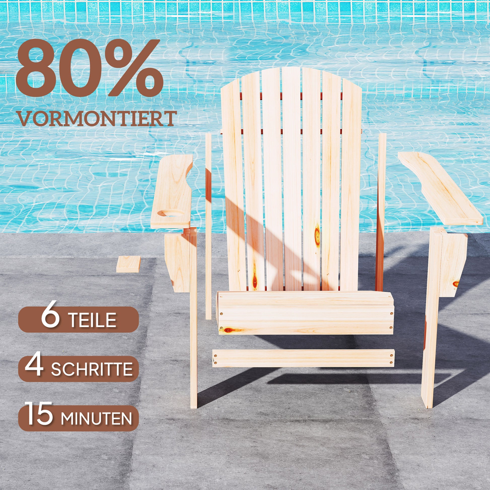 Adirondack Garden Chair with Cup Holder Garden Lounger Balcony Chair Solid Wood Natural 72.5 x 97 x 93 cm