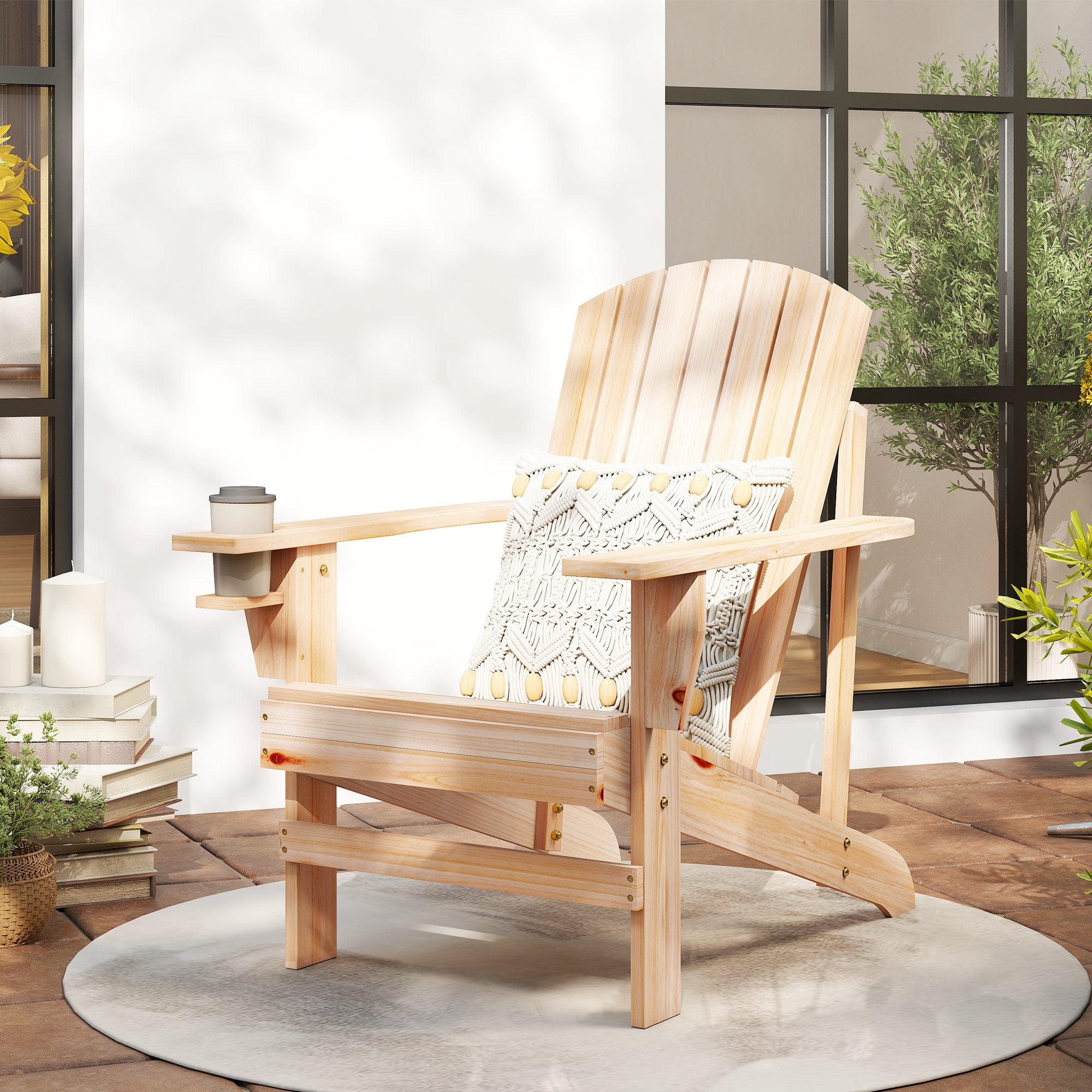 Adirondack Garden Chair with Cup Holder Garden Lounger Balcony Chair Solid Wood Natural 72.5 x 97 x 93 cm