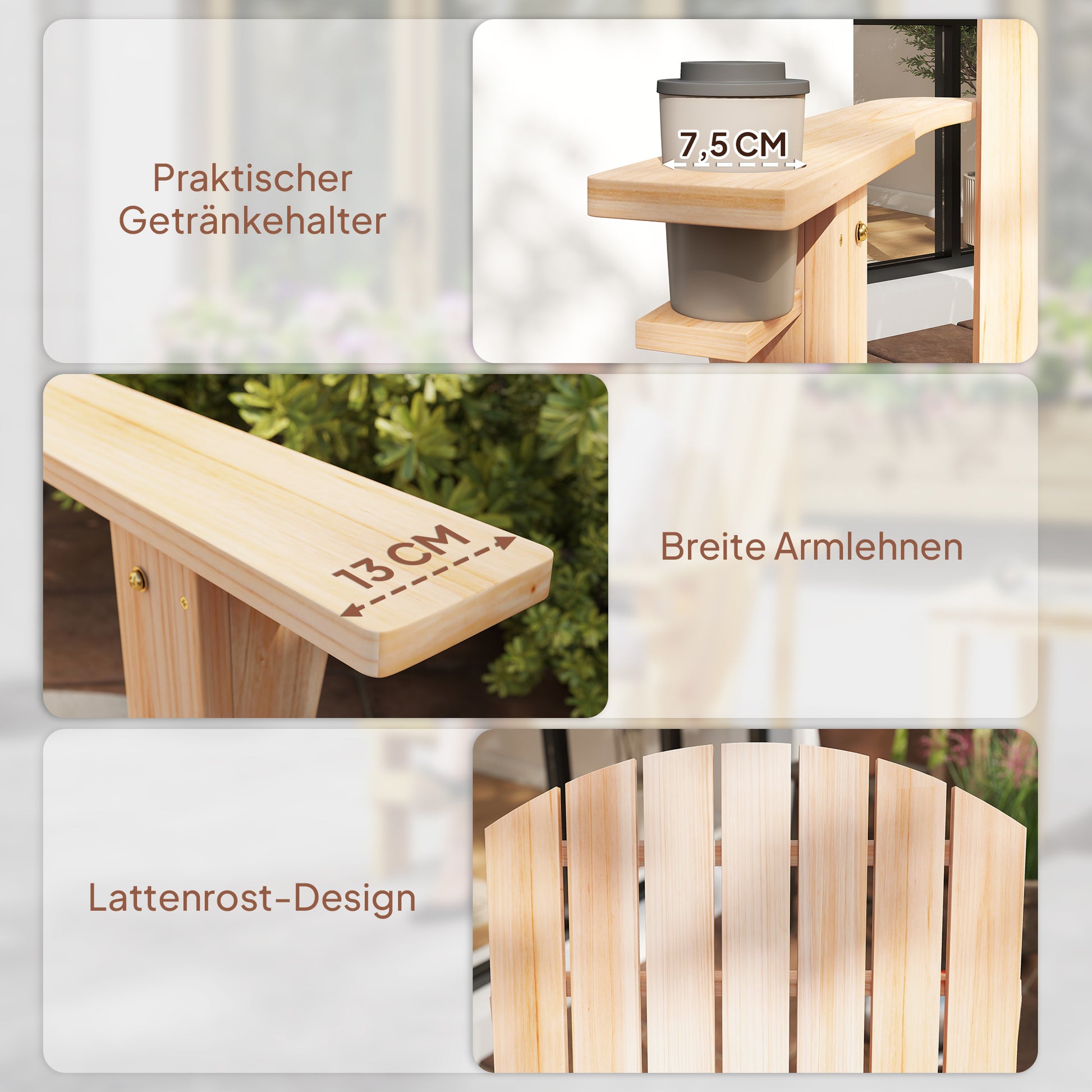 Adirondack Garden Chair with Cup Holder Garden Lounger Balcony Chair Solid Wood Natural 72.5 x 97 x 93 cm