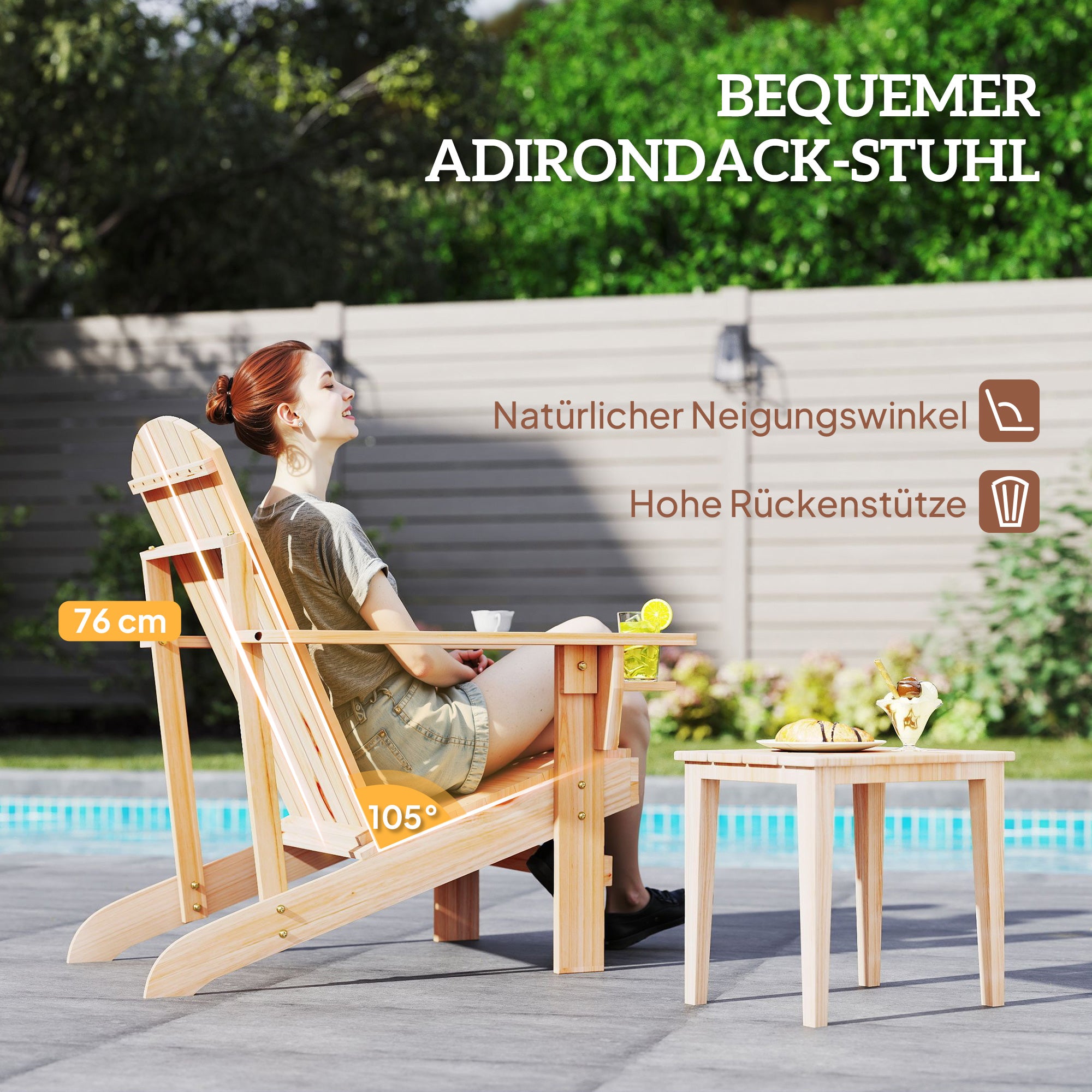 Adirondack Garden Chair with Cup Holder Garden Lounger Balcony Chair Solid Wood Natural 72.5 x 97 x 93 cm