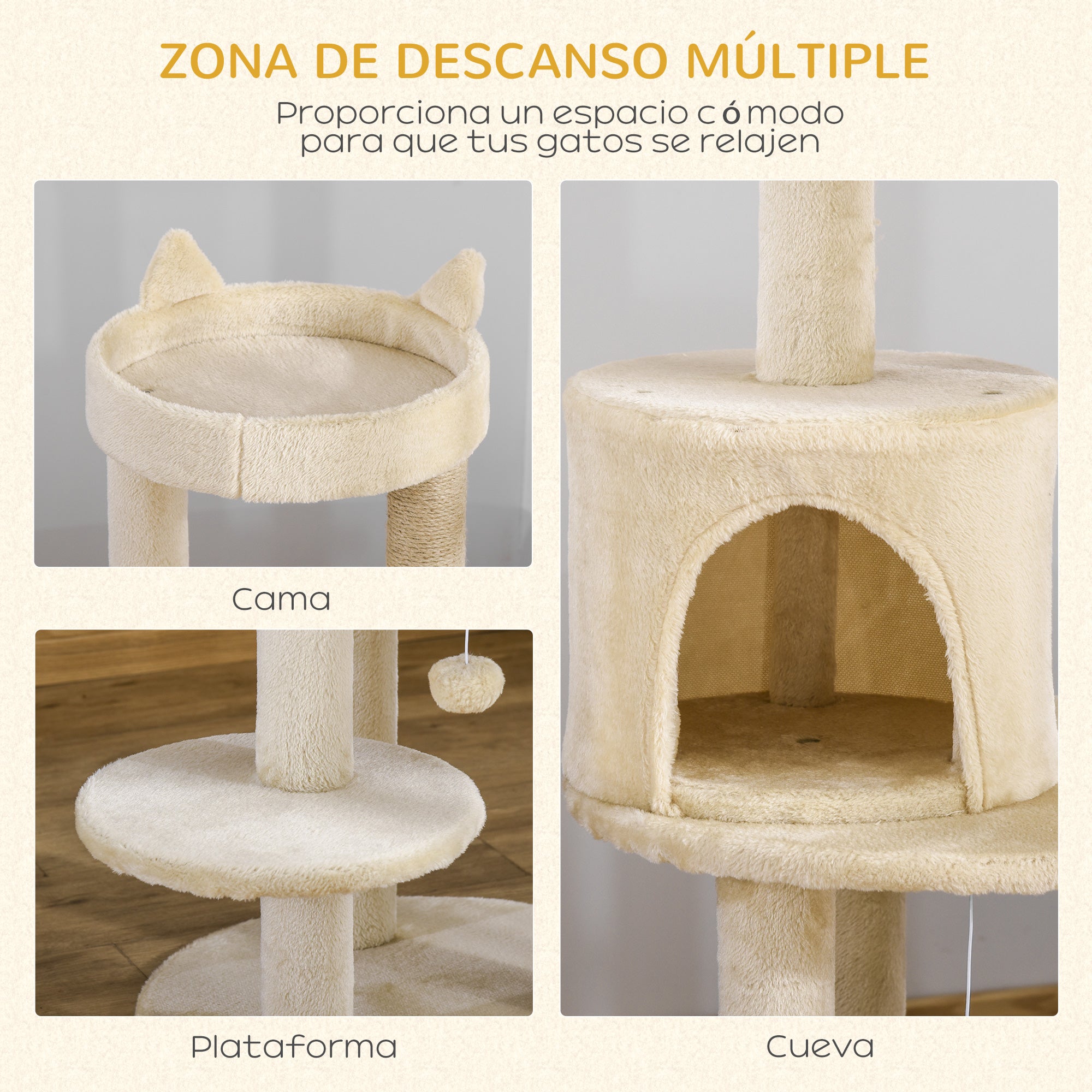 104 cm Cat Scratching Post with Platforms Scratcher with Sisal Posts and Hanging Ball 48x48x104 cm Cream
