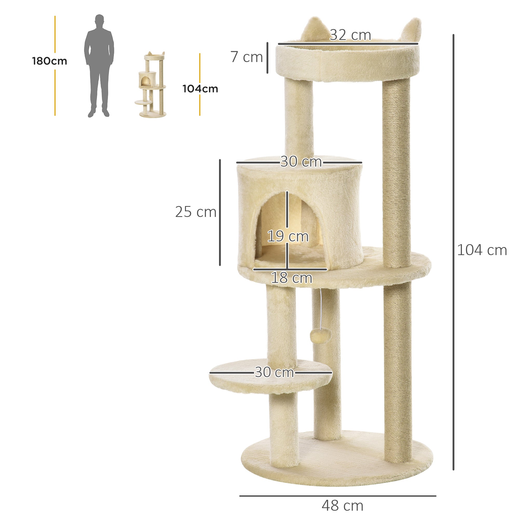 104 cm Cat Scratching Post with Platforms Scratcher with Sisal Posts and Hanging Ball 48x48x104 cm Cream