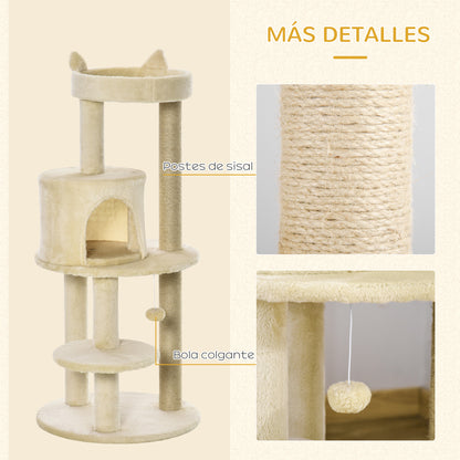 104 cm Cat Scratching Post with Platforms Scratcher with Sisal Posts and Hanging Ball 48x48x104 cm Cream