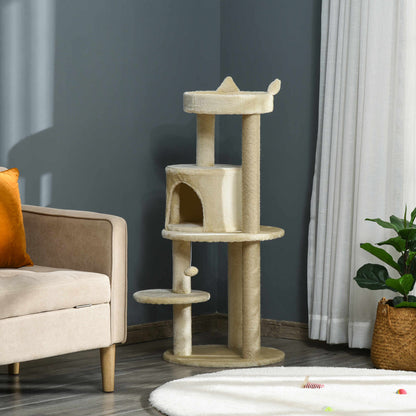 104 cm Cat Scratching Post with Platforms Scratcher with Sisal Posts and Hanging Ball 48x48x104 cm Cream