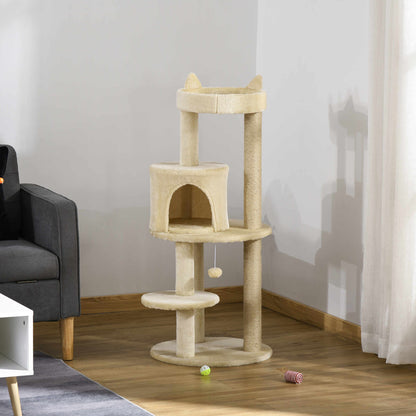 104 cm Cat Scratching Post with Platforms Scratcher with Sisal Posts and Hanging Ball 48x48x104 cm Cream