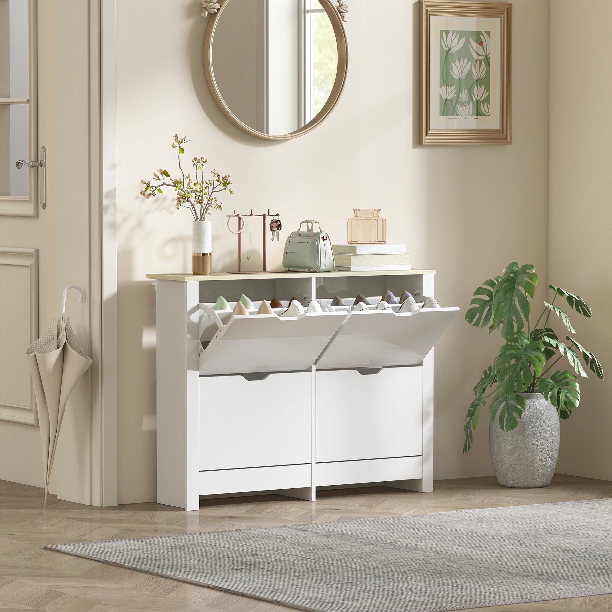 Slim Shoe Cabinet with 4 Flip Doors – Space-Saving Shoe Rack for Up to 16 Pairs, 105 x 26 x 80 cm (White/Natural)