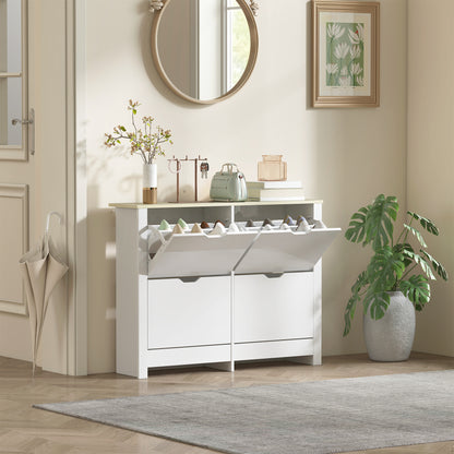 Slim Shoe Cabinet with 4 Flip Doors – Space-Saving Shoe Rack for Up to 16 Pairs, 105 x 26 x 80 cm (White/Natural)
