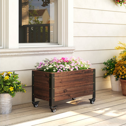 Elevated Wooden Planter with Wheels, Rectangular Raised Garden Bed for Herbs & Vegetables, 23.6 x 11.8 x 16.1 in (60 x 30 x 41 cm), Dark Brown