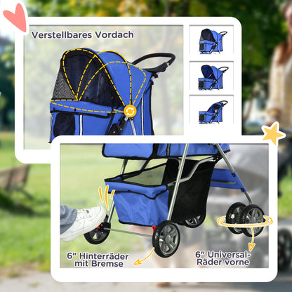 Pet Stroller, Foldable Pet Stroller for Small Dogs and Miniature Dogs, Cat Stroller with Storage Basket, Cup Holder, Mesh Windows, Pet Cart Oxford, Blue