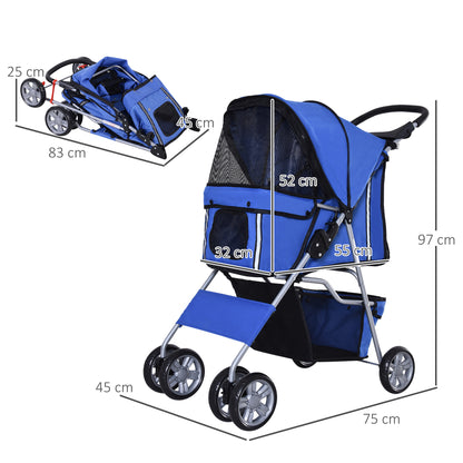 Pet Stroller, Foldable Pet Stroller for Small Dogs and Miniature Dogs, Cat Stroller with Storage Basket, Cup Holder, Mesh Windows, Pet Cart Oxford, Blue