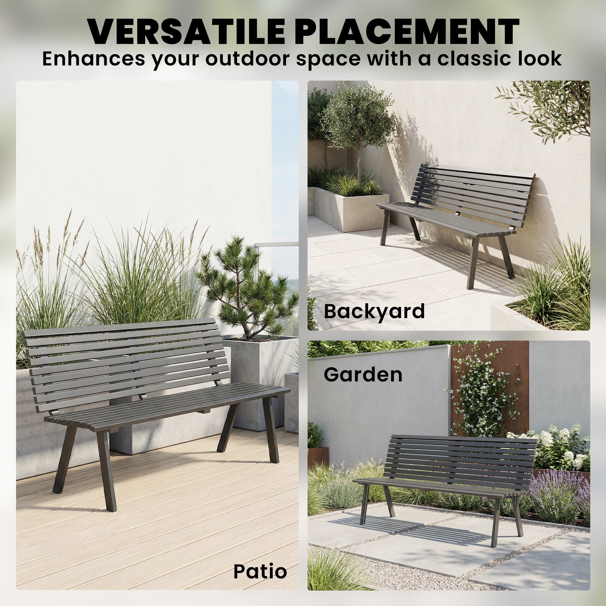 3-Seater Weather-Resistant Metal Garden Bench, Slatted Design, Up to 529 lb Capacity — 154 x 68 x 88 cm (60.6 x 26.8 x 34.6 in), Black