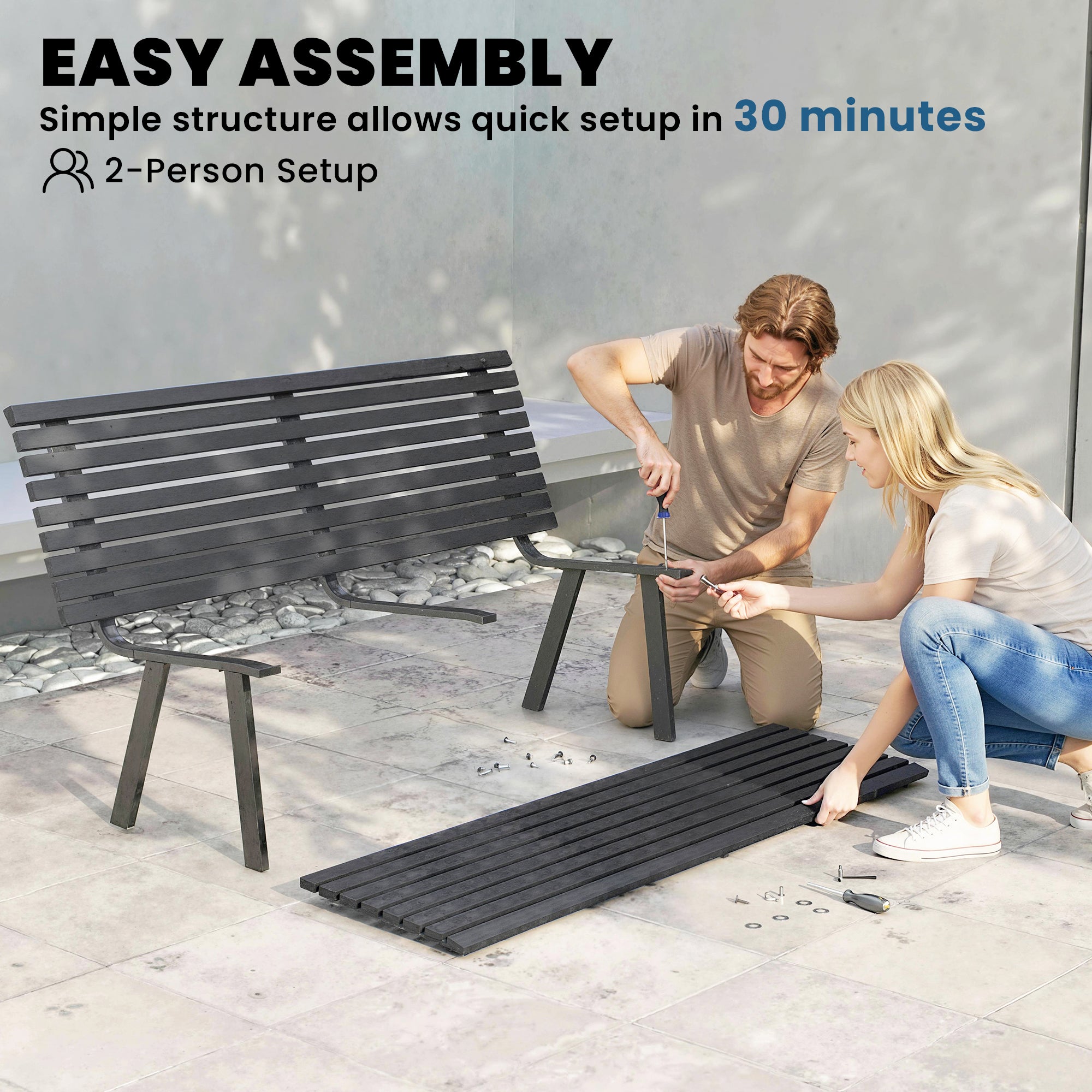 3-Seater Weather-Resistant Metal Garden Bench, Slatted Design, Up to 529 lb Capacity — 154 x 68 x 88 cm (60.6 x 26.8 x 34.6 in), Black