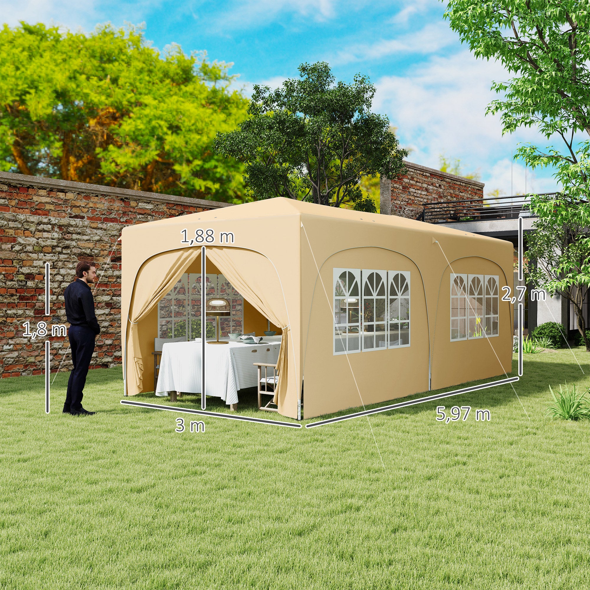 Pavilion approx. 3x6m, Water-Resistant Stable Winterproof Pop-Up Foldable Canopy, UV Protection 50+, Foldable Party Tent Gazebo with 6 Sidewalls Bag Garden Canopy for Camping Garden, Sand