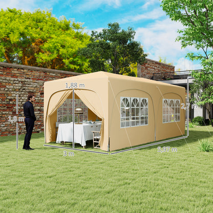 Pavilion approx. 3x6m, Water-Resistant Stable Winterproof Pop-Up Foldable Canopy, UV Protection 50+, Foldable Party Tent Gazebo with 6 Sidewalls Bag Garden Canopy for Camping Garden, Sand