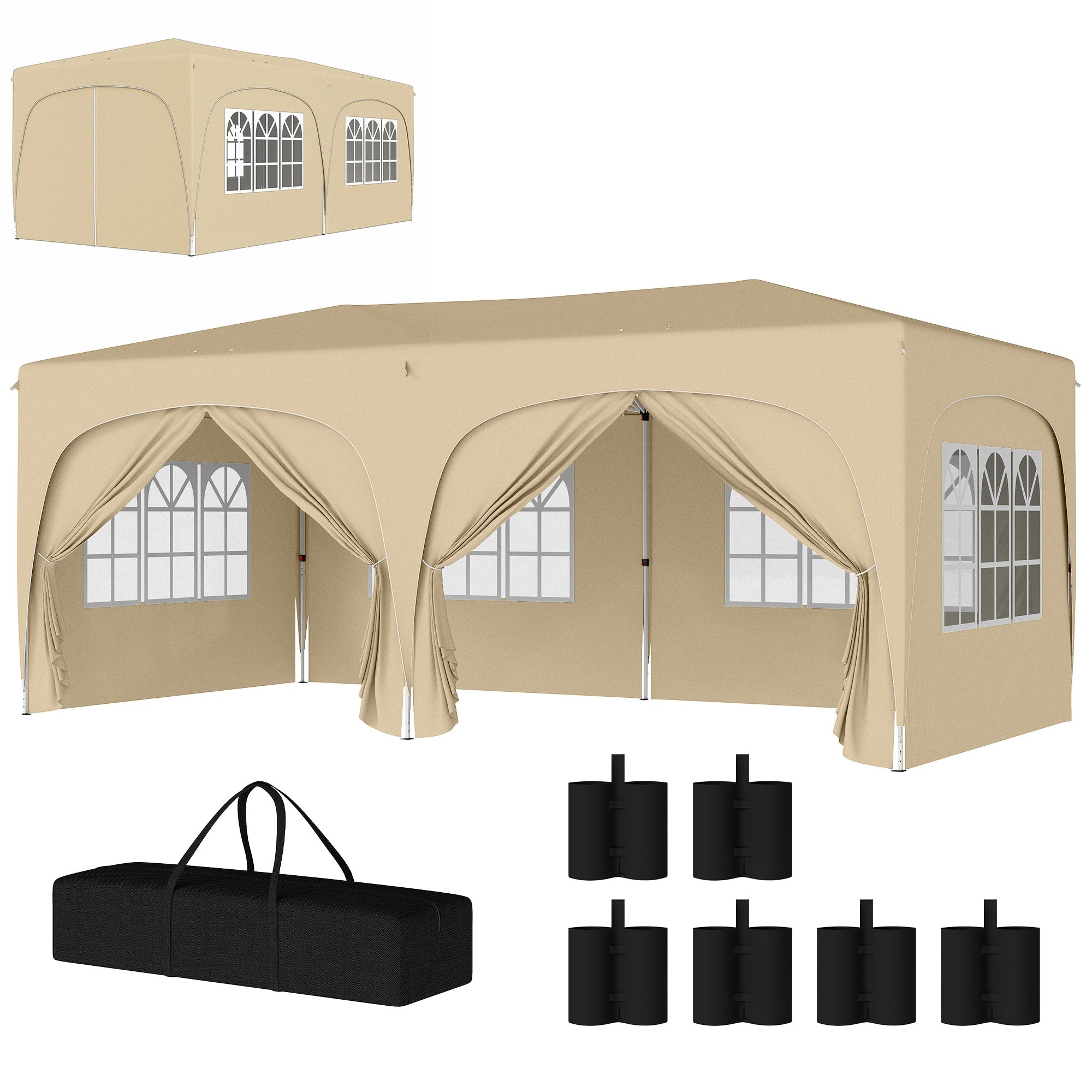 Pavilion approx. 3x6m, Water-Resistant Stable Winterproof Pop-Up Foldable Canopy, UV Protection 50+, Foldable Party Tent Gazebo with 6 Sidewalls Bag Garden Canopy for Camping Garden, Sand