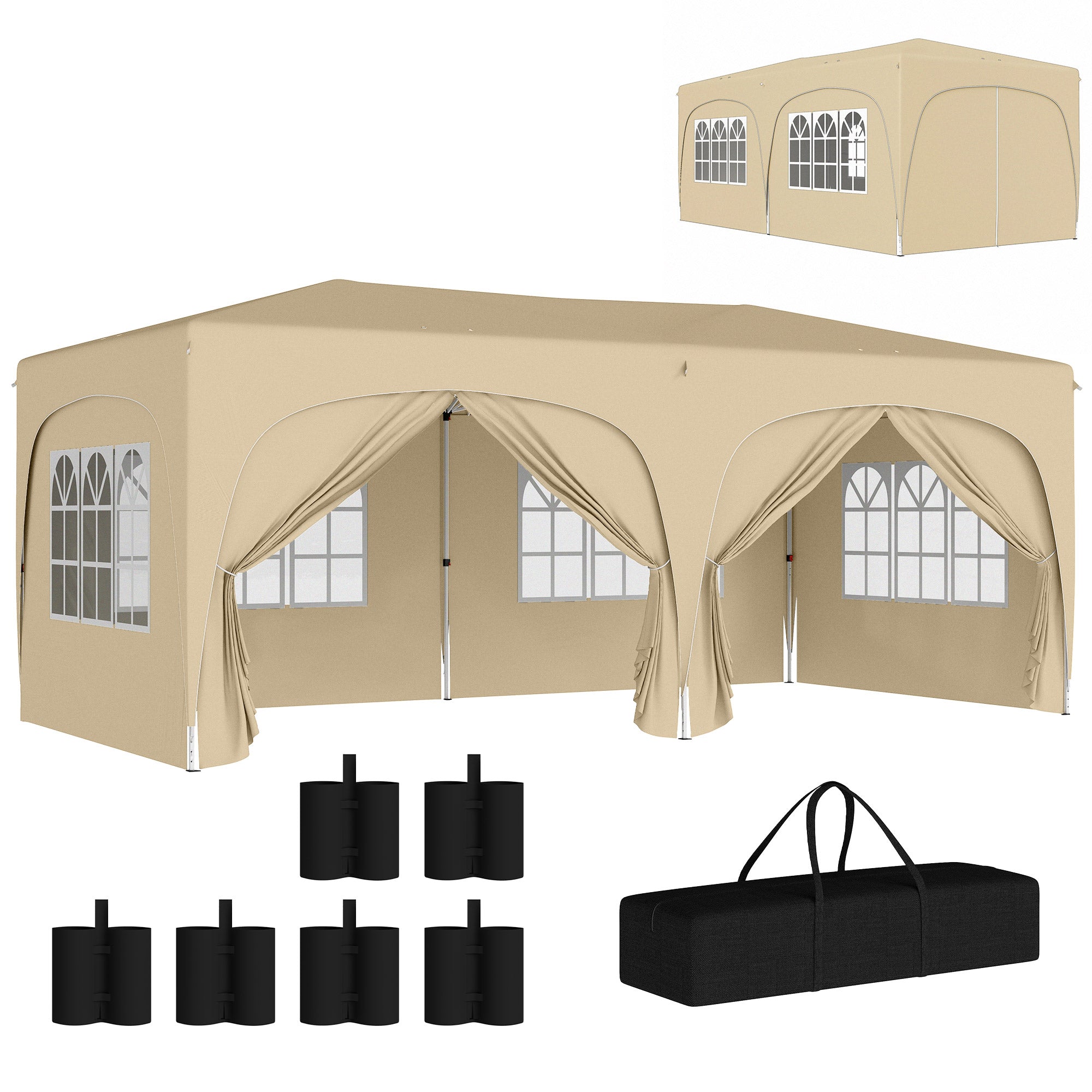 Pavilion approx. 3x6m, Water-Resistant Stable Winterproof Pop-Up Foldable Canopy, UV Protection 50+, Foldable Party Tent Gazebo with 6 Sidewalls Bag Garden Canopy for Camping Garden, Sand