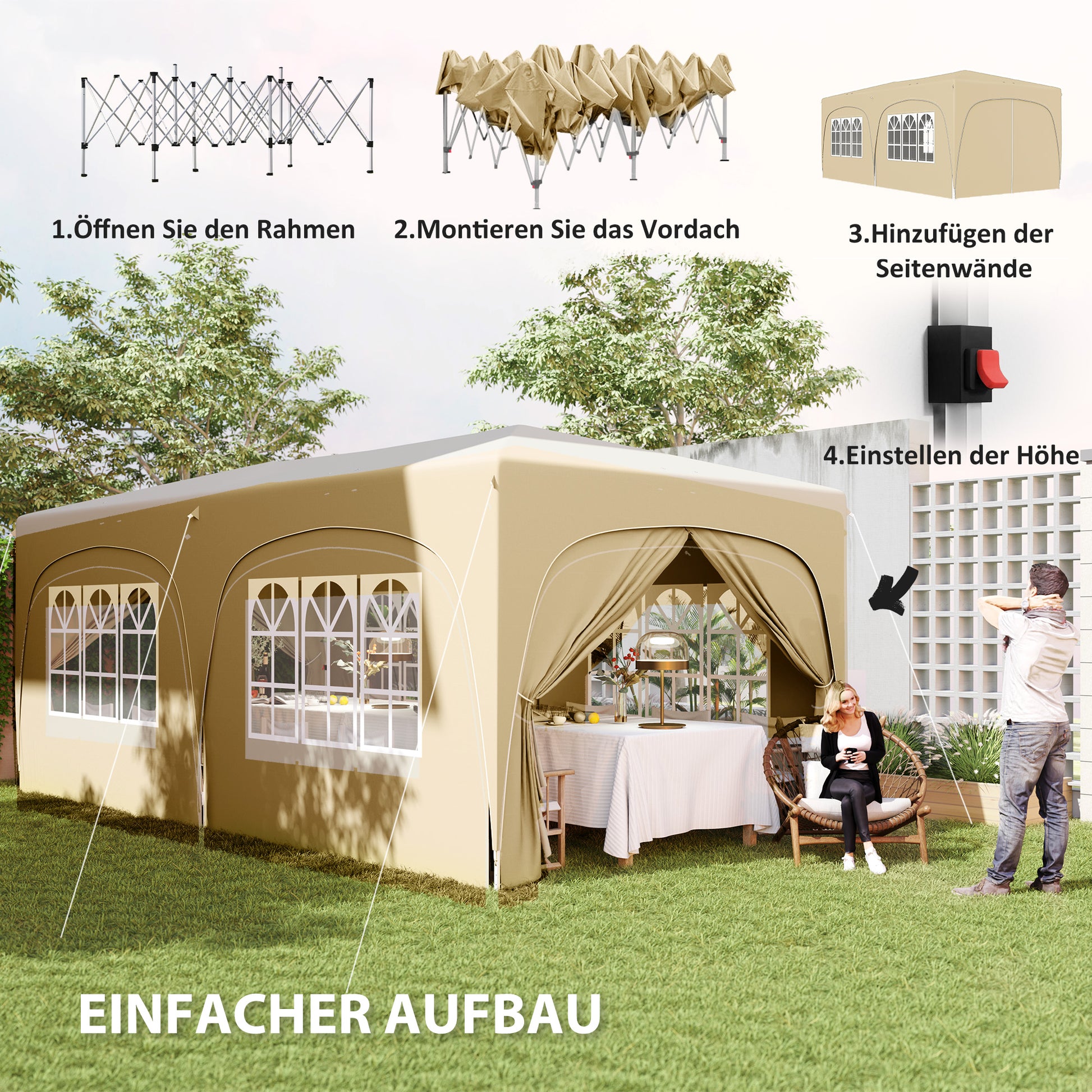 Pavilion approx. 3x6m, Water-Resistant Stable Winterproof Pop-Up Foldable Canopy, UV Protection 50+, Foldable Party Tent Gazebo with 6 Sidewalls Bag Garden Canopy for Camping Garden, Sand