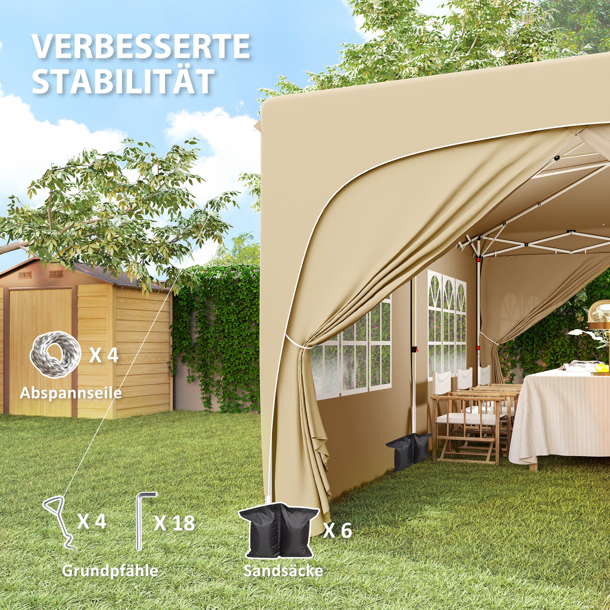 Pavilion approx. 3x6m, Water-Resistant Stable Winterproof Pop-Up Foldable Canopy, UV Protection 50+, Foldable Party Tent Gazebo with 6 Sidewalls Bag Garden Canopy for Camping Garden, Sand