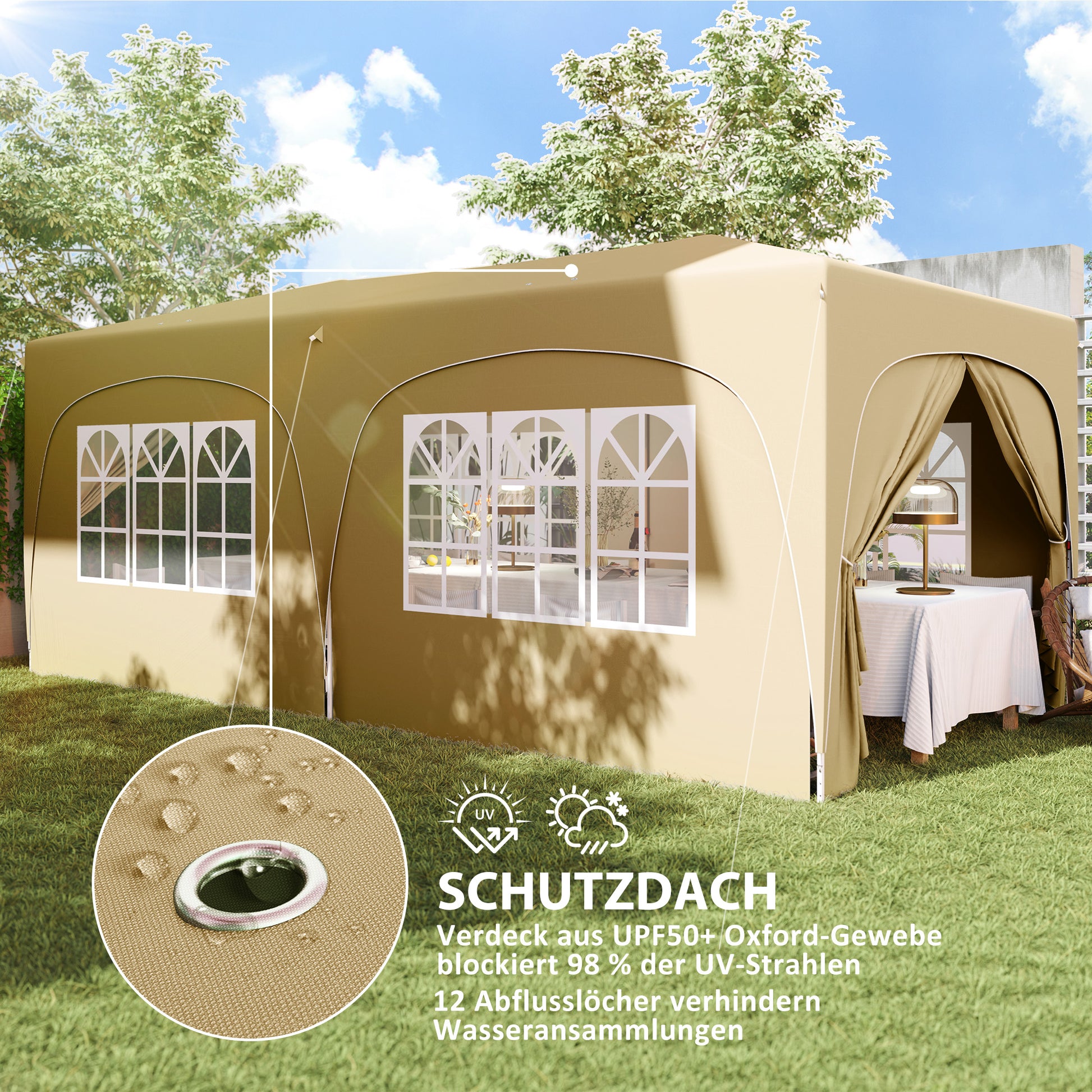 Pavilion approx. 3x6m, Water-Resistant Stable Winterproof Pop-Up Foldable Canopy, UV Protection 50+, Foldable Party Tent Gazebo with 6 Sidewalls Bag Garden Canopy for Camping Garden, Sand