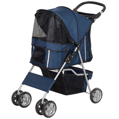Folding Pet Stroller Dog Stroller for Small Pets with Adjustable Canopy Bottom Basket Mesh Windows Cup Holders and Wheels Load 15 kg 75x45x97 cm Navy Blue