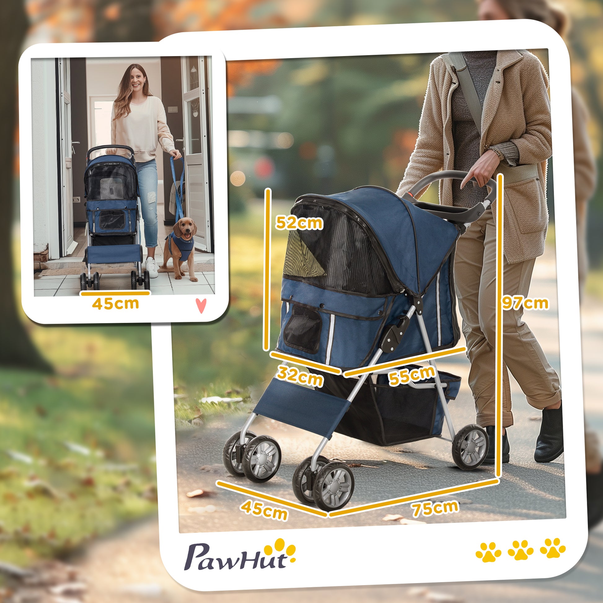 Folding Pet Stroller Dog Stroller for Small Pets with Adjustable Canopy Bottom Basket Mesh Windows Cup Holders and Wheels Load 15 kg 75x45x97 cm Navy Blue