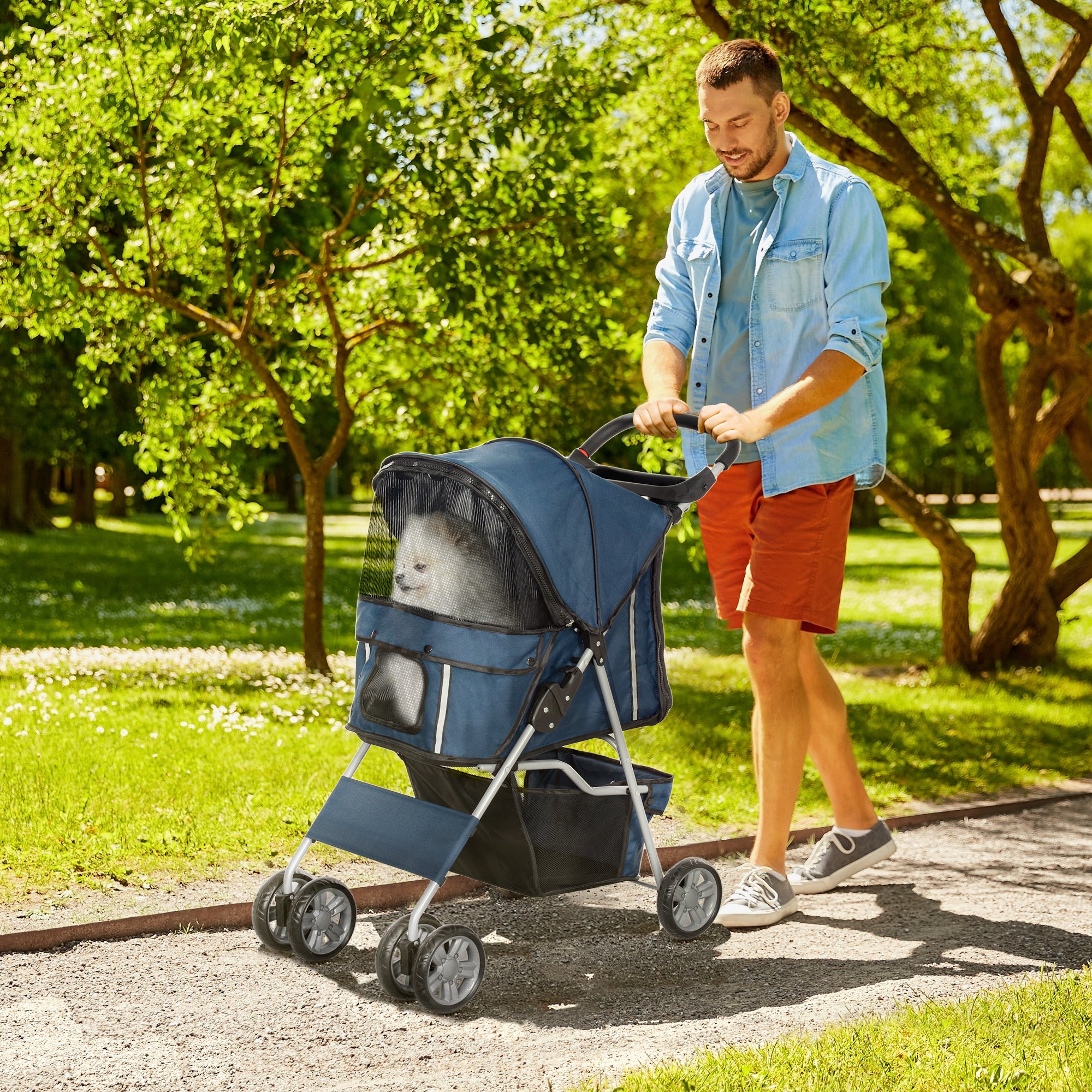 Folding Pet Stroller Dog Stroller for Small Pets with Adjustable Canopy Bottom Basket Mesh Windows Cup Holders and Wheels Load 15 kg 75x45x97 cm Navy Blue