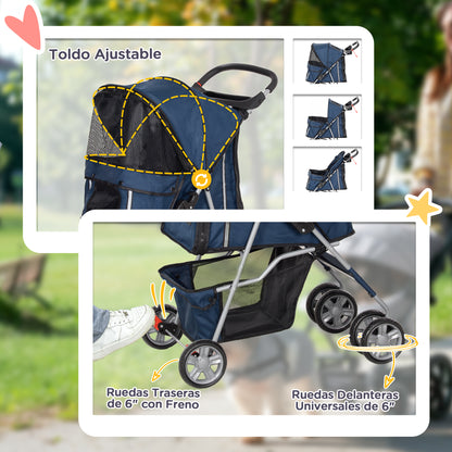 Folding Pet Stroller Dog Stroller for Small Pets with Adjustable Canopy Bottom Basket Mesh Windows Cup Holders and Wheels Load 15 kg 75x45x97 cm Navy Blue