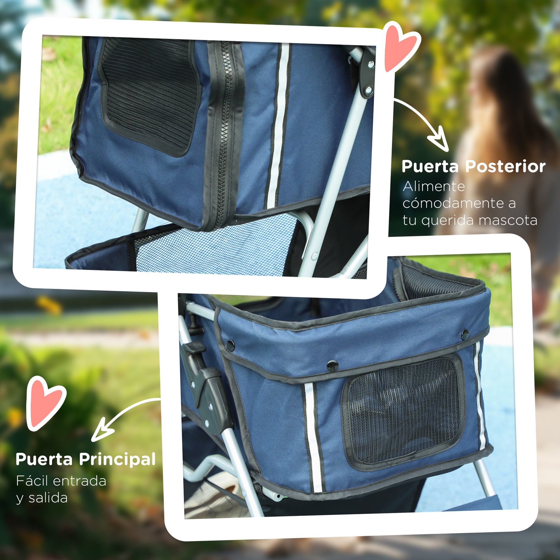 Folding Pet Stroller Dog Stroller for Small Pets with Adjustable Canopy Bottom Basket Mesh Windows Cup Holders and Wheels Load 15 kg 75x45x97 cm Navy Blue