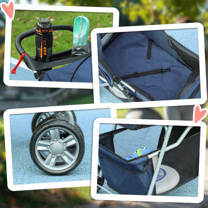 Folding Pet Stroller Dog Stroller for Small Pets with Adjustable Canopy Bottom Basket Mesh Windows Cup Holders and Wheels Load 15 kg 75x45x97 cm Navy Blue