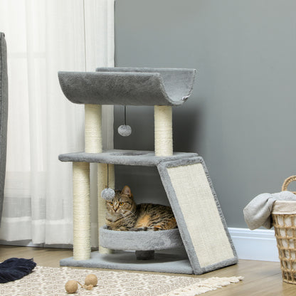Cat Scratcher Cat Tree 76cm Height with 4 Scratching Posts Nest U-shaped Platform Scratching Pad Hanging Balls Light Gray