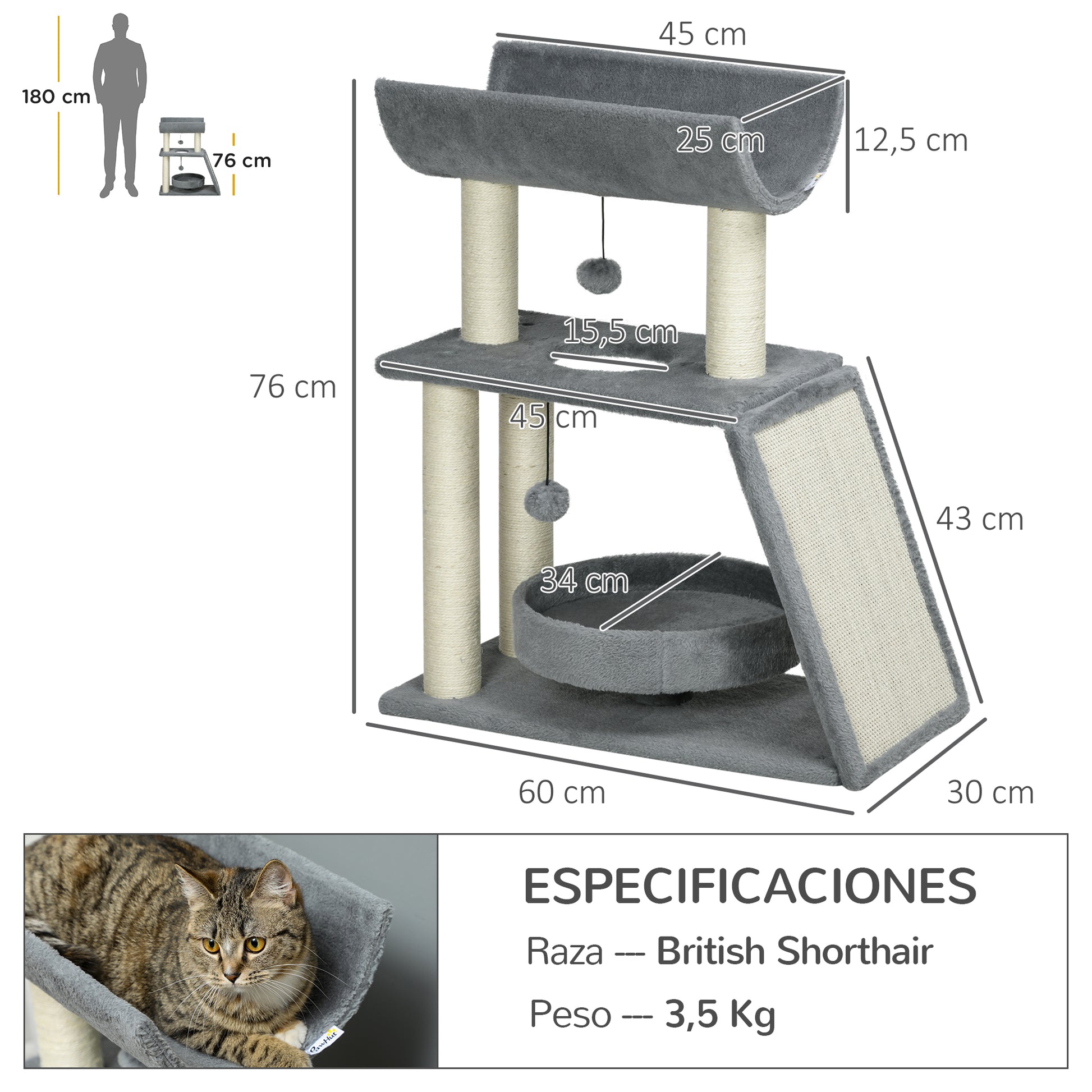Cat Scratcher Cat Tree 76cm Height with 4 Scratching Posts Nest U-shaped Platform Scratching Pad Hanging Balls Light Gray