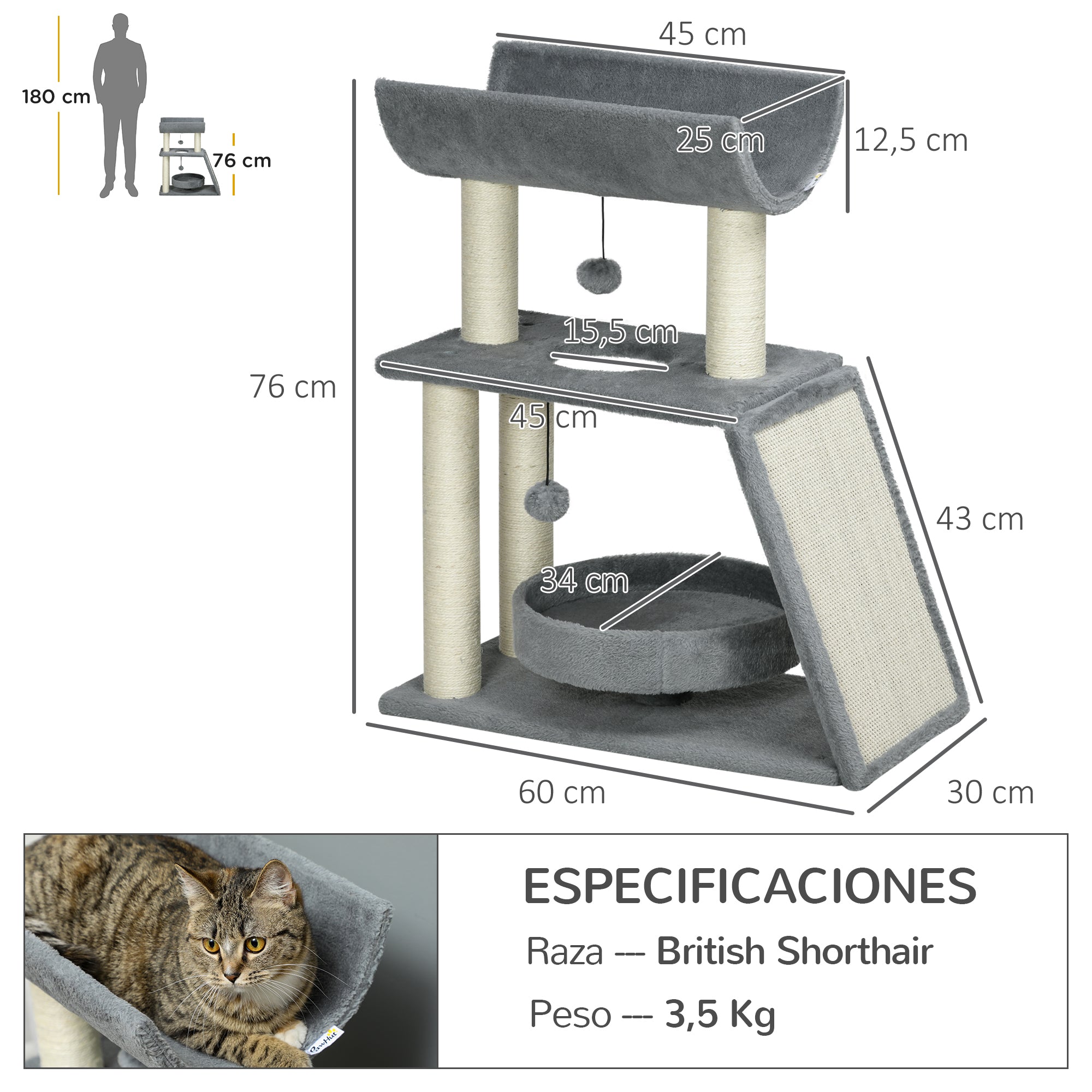 Cat Scratcher Cat Tree 76cm Height with 4 Scratching Posts Nest U-shaped Platform Scratching Pad Hanging Balls Light Gray