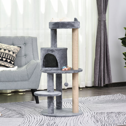 Cat Tree 4-Tier Cat Cave Cat House with Play Balls Perch Sisal Column and Scratching Board Large Stable Luxurious Sisal Plush Grey 48x48x104 cm