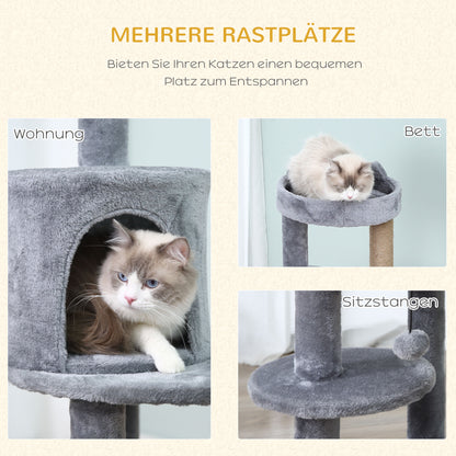 Cat Tree 4-Tier Cat Cave Cat House with Play Balls Perch Sisal Column and Scratching Board Large Stable Luxurious Sisal Plush Grey 48x48x104 cm
