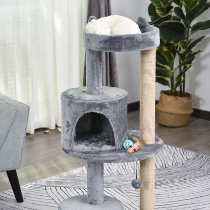 Cat Tree 4-Tier Cat Cave Cat House with Play Balls Perch Sisal Column and Scratching Board Large Stable Luxurious Sisal Plush Grey 48x48x104 cm