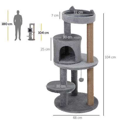 Cat Tree 4-Tier Cat Cave Cat House with Play Balls Perch Sisal Column and Scratching Board Large Stable Luxurious Sisal Plush Grey 48x48x104 cm