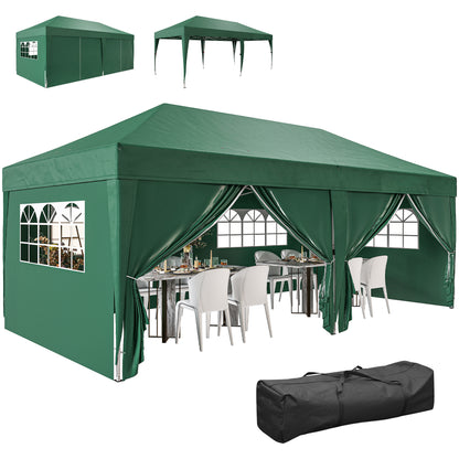 Pavilion approx. 19'4" x 9'8" Pop-Up Folding Gazebo with Windowed Zip Door & Removable Sides, UV Protection, Dark Green