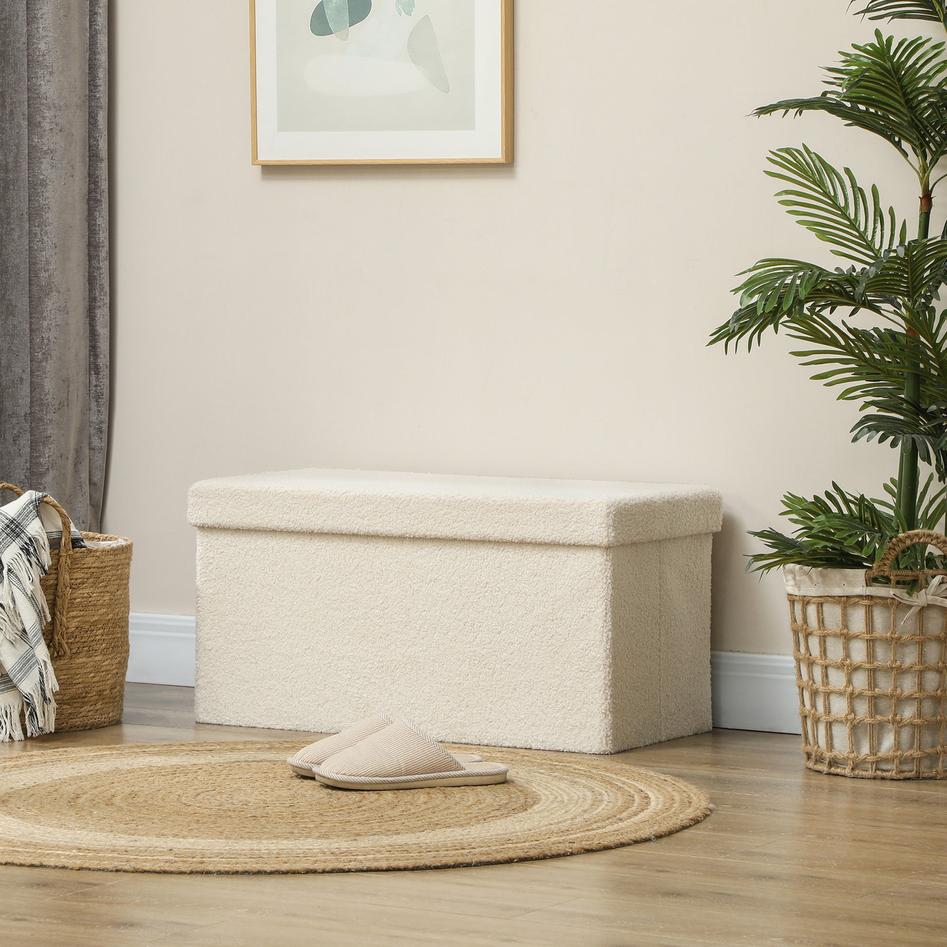 Storage Bench with Storage Space Foldable Upholstered Bench with Velvet Look, Storage Chest, Storage Bench for Living Room Bedroom Hallway 76 x 38 x 38 cm, Cream White