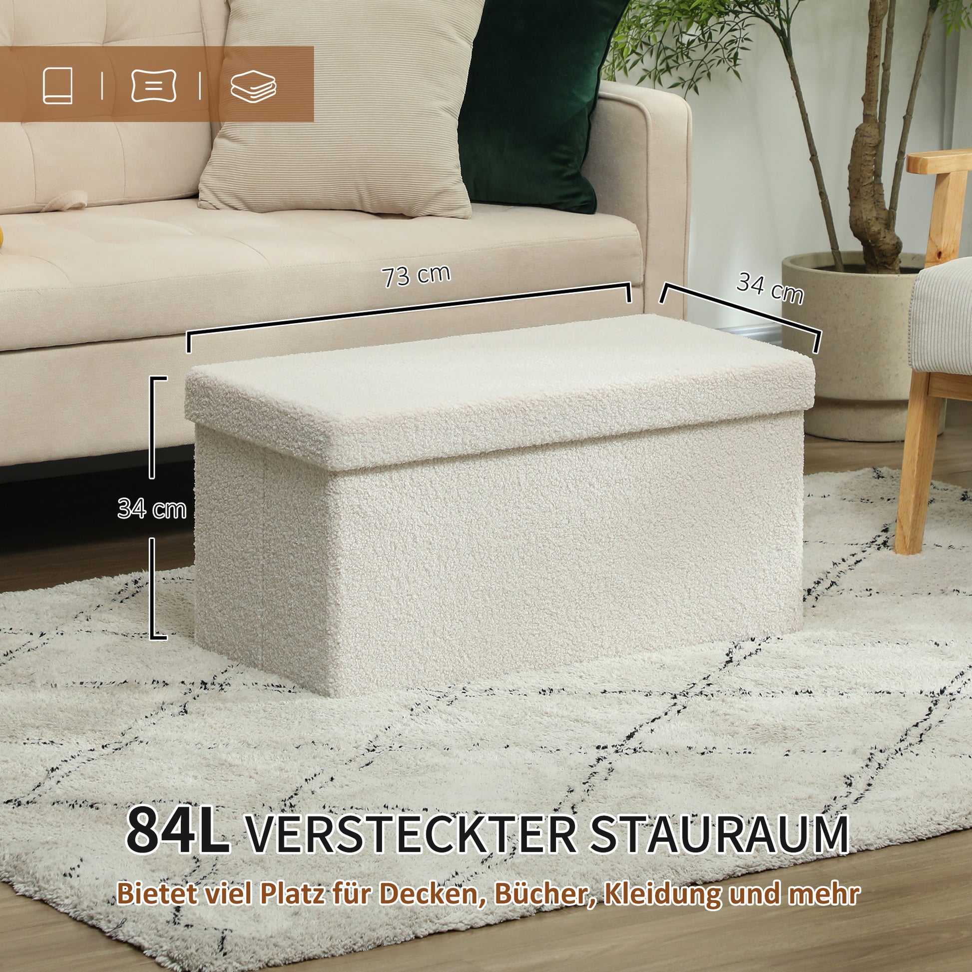 Storage Bench with Storage Space Foldable Upholstered Bench with Velvet Look, Storage Chest, Storage Bench for Living Room Bedroom Hallway 76 x 38 x 38 cm, Cream White