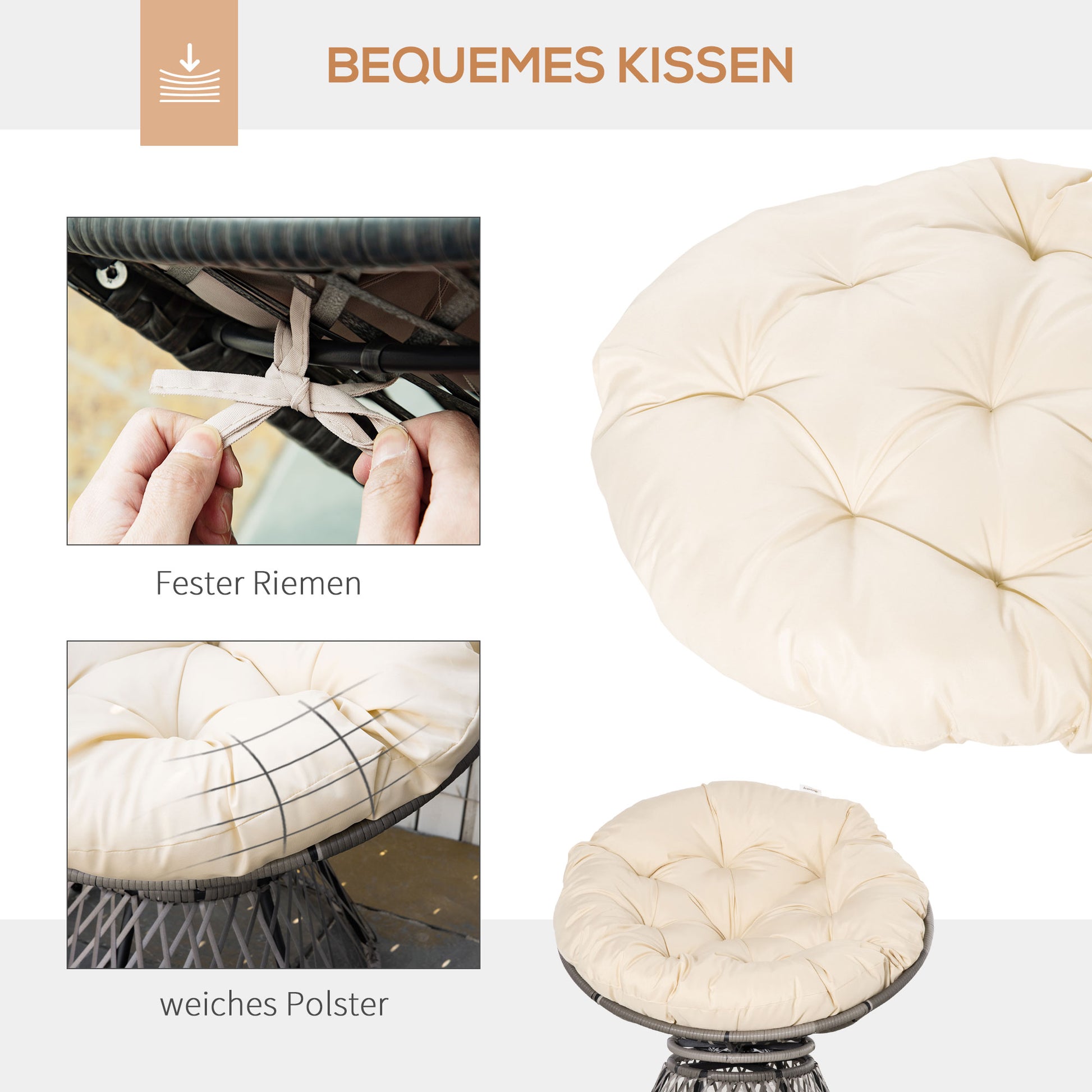 Papasan Chair Basket Chair Seat with Cushion 360 Degrees Rattan Beige B87 x D97 x H86 cm