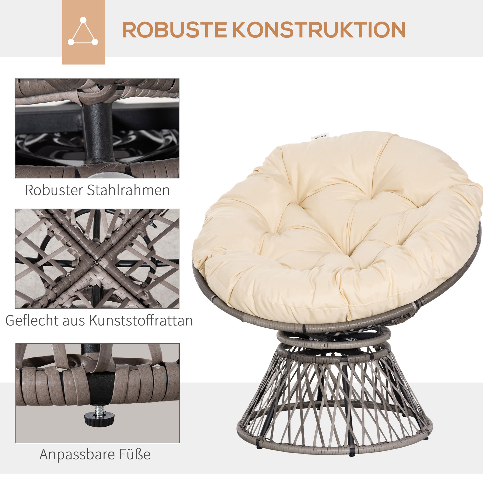 Papasan Chair Basket Chair Seat with Cushion 360 Degrees Rattan Beige B87 x D97 x H86 cm