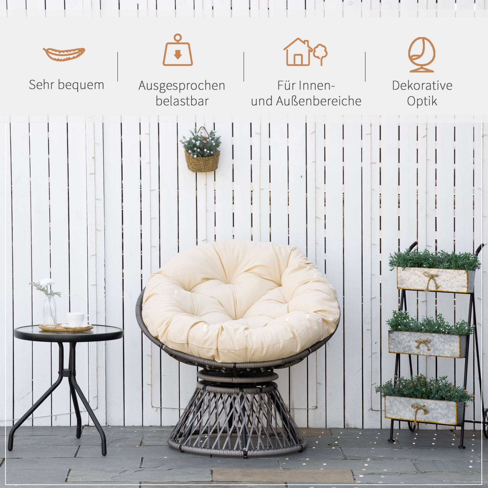 Papasan Chair Basket Chair Seat with Cushion 360 Degrees Rattan Beige B87 x D97 x H86 cm