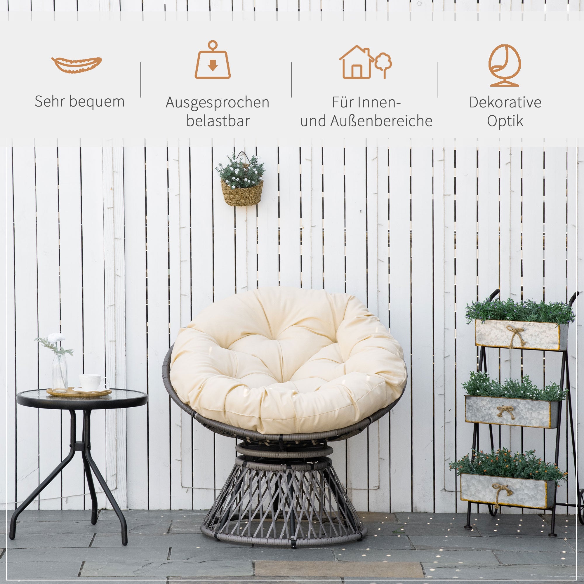 Papasan Chair Basket Chair Seat with Cushion 360 Degrees Rattan Beige B87 x D97 x H86 cm
