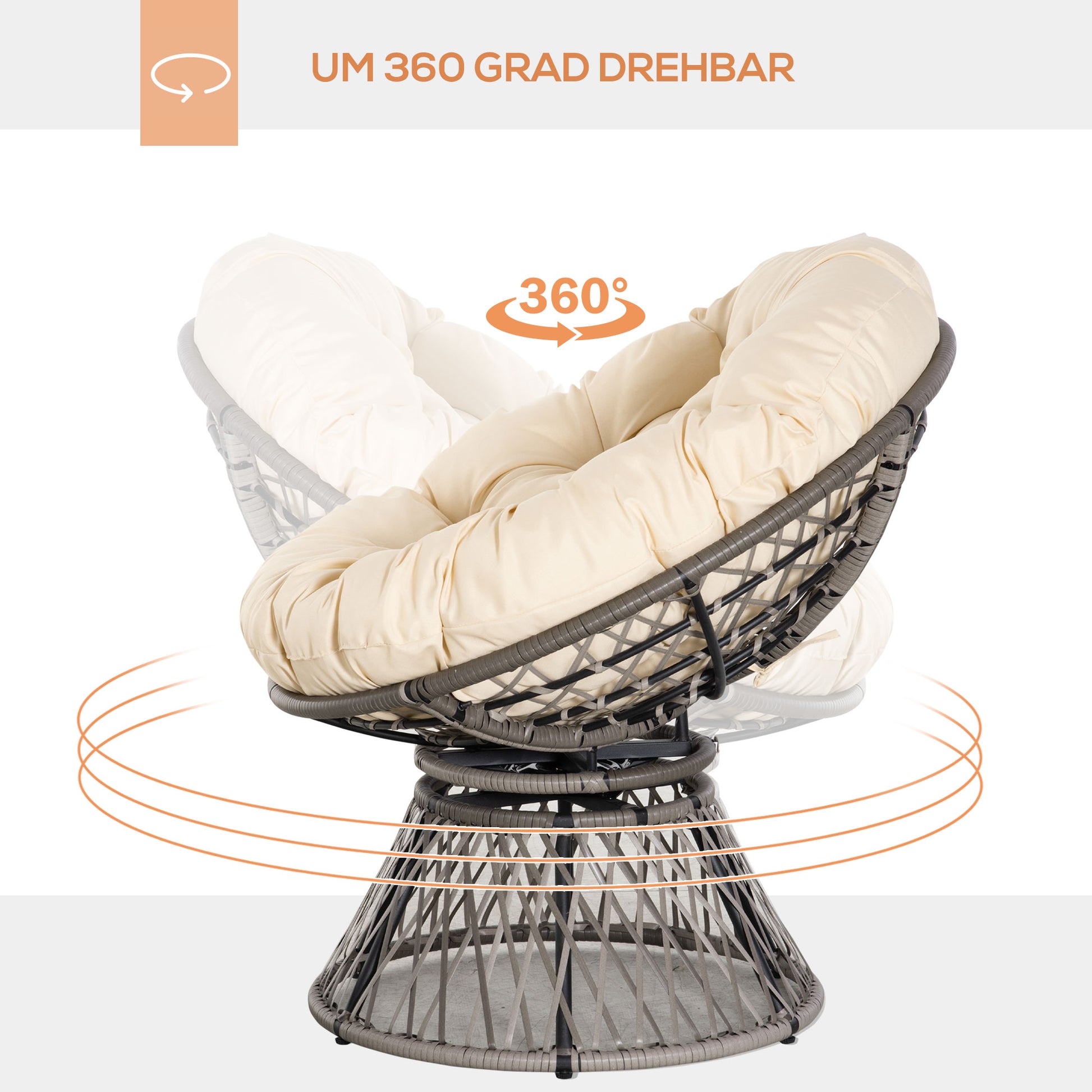 Papasan Chair Basket Chair Seat with Cushion 360 Degrees Rattan Beige B87 x D97 x H86 cm