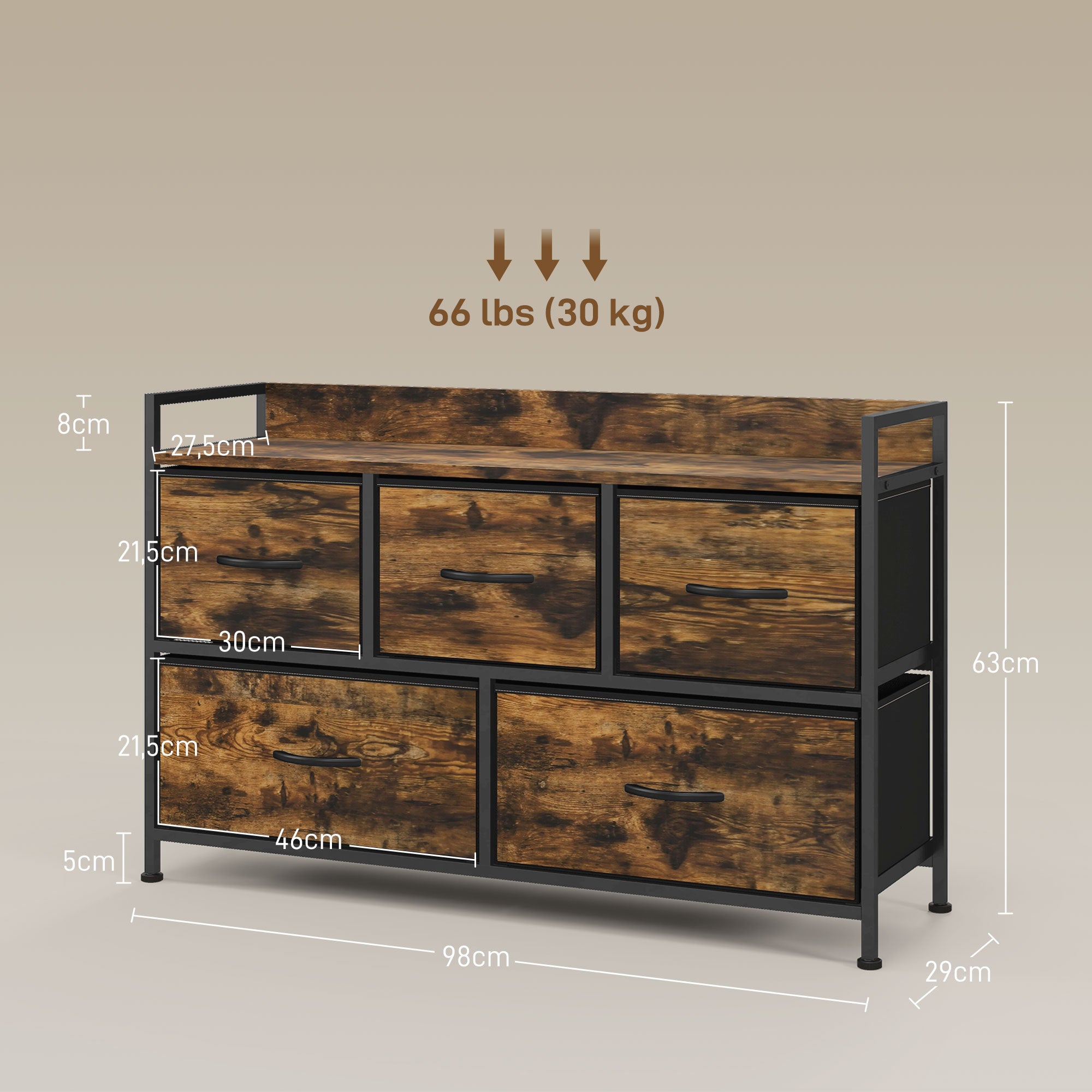 Fabric Drawer Storage Cabinet with 5 Drawers, Shelf Chest with Steel Frame Cabinet for Bedroom, Living Room Rustic Brown