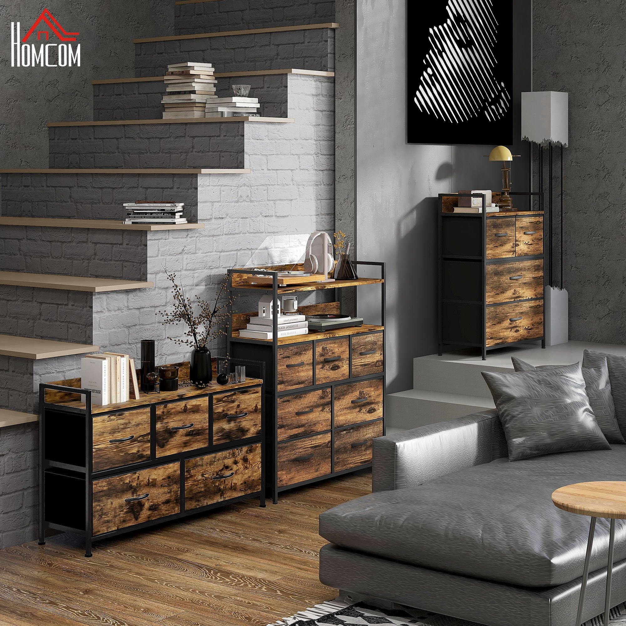 Fabric Drawer Storage Cabinet with 5 Drawers, Shelf Chest with Steel Frame Cabinet for Bedroom, Living Room Rustic Brown