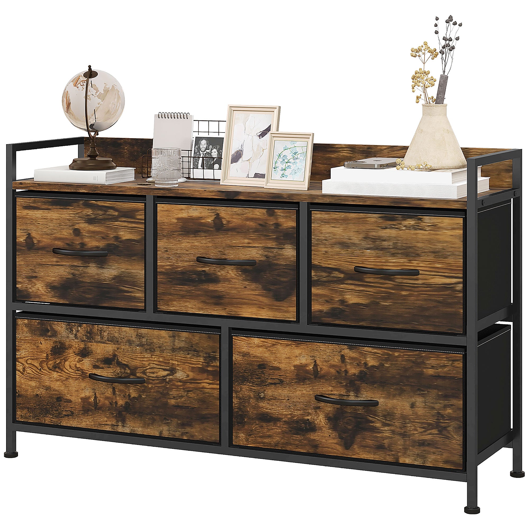 Fabric Drawer Storage Cabinet with 5 Drawers, Shelf Chest with Steel Frame Cabinet for Bedroom, Living Room Rustic Brown