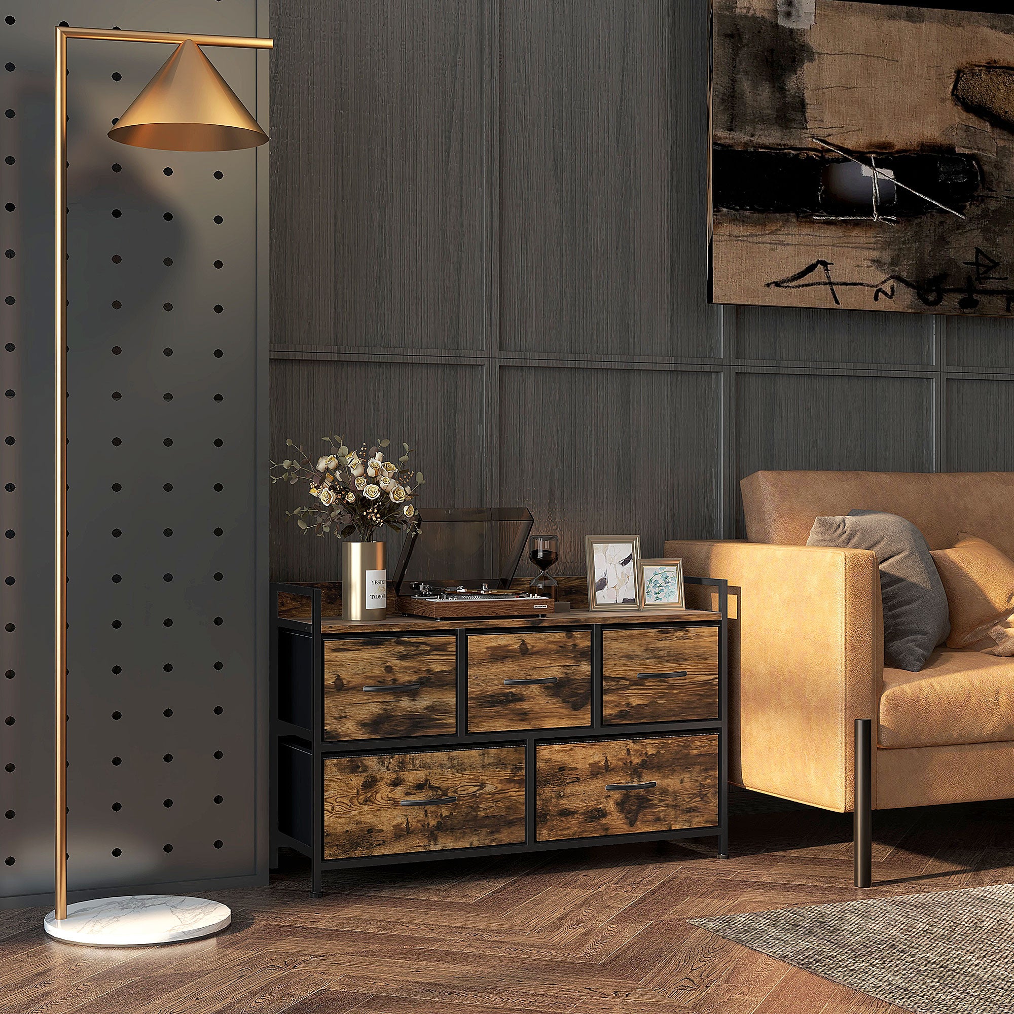 Fabric Drawer Storage Cabinet with 5 Drawers, Shelf Chest with Steel Frame Cabinet for Bedroom, Living Room Rustic Brown