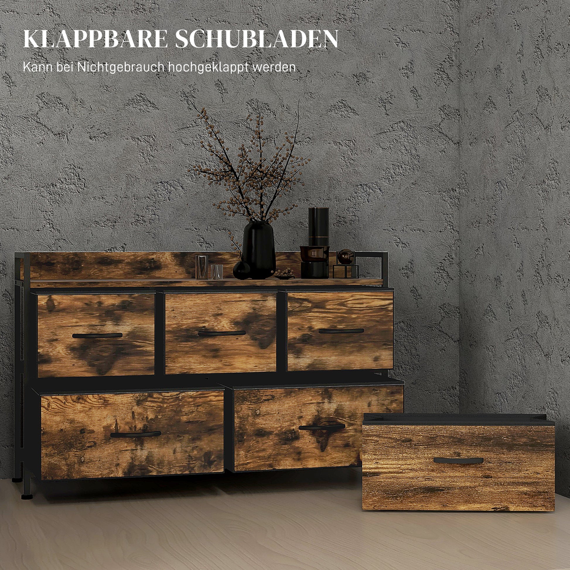 Fabric Drawer Storage Cabinet with 5 Drawers, Shelf Chest with Steel Frame Cabinet for Bedroom, Living Room Rustic Brown