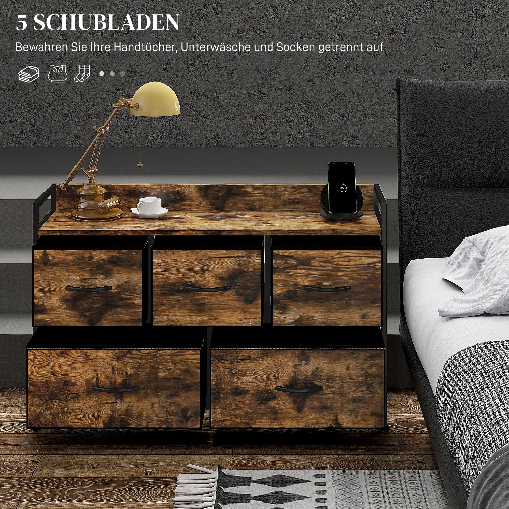 Fabric Drawer Storage Cabinet with 5 Drawers, Shelf Chest with Steel Frame Cabinet for Bedroom, Living Room Rustic Brown